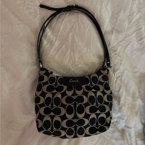 Coach Black and Tan Logo Canvas Shoulder Bag